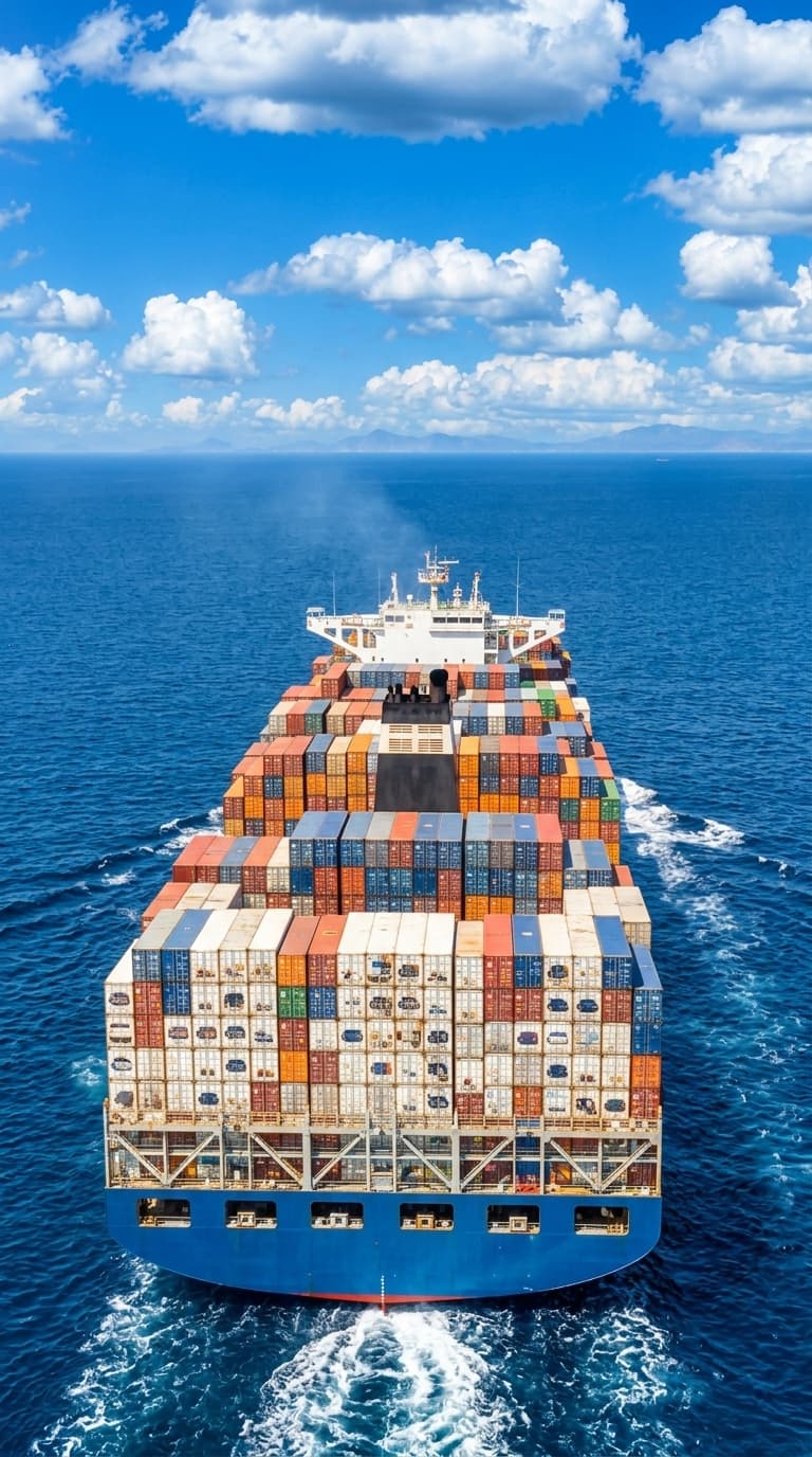 A container ship loaded with cargo, sailing at sunset